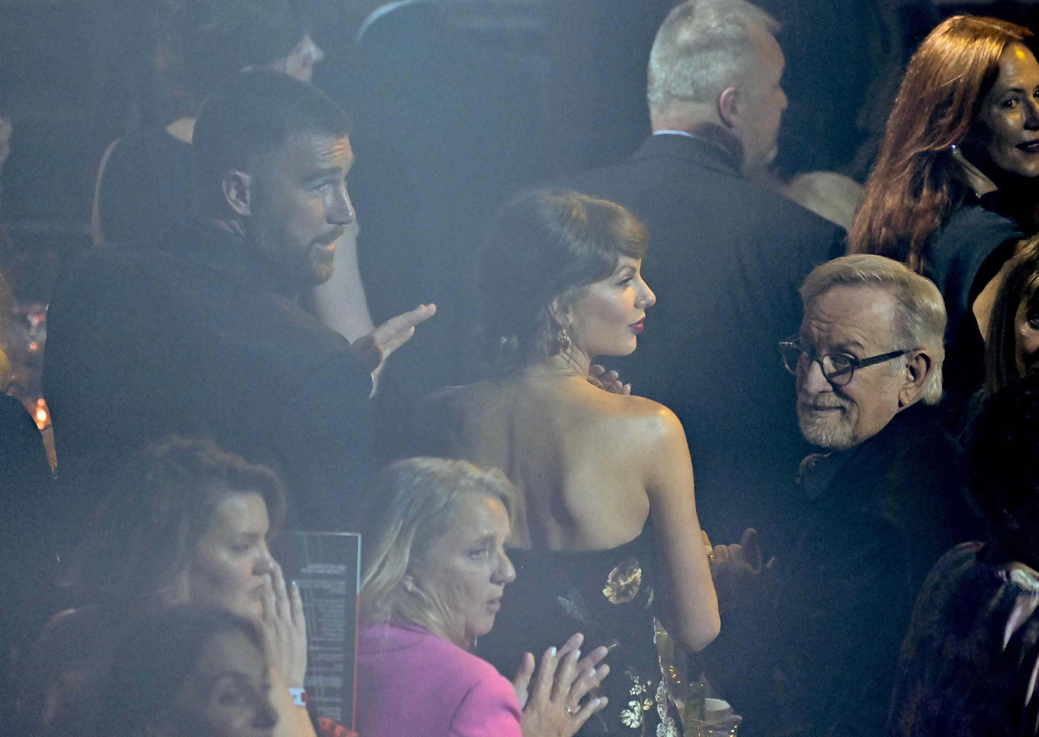 Taylor Swift, Travis Kelce, and Steven Spielberg in the audience at the 55th annual Songwriters Hall of Fame Induction and Awards Gala.