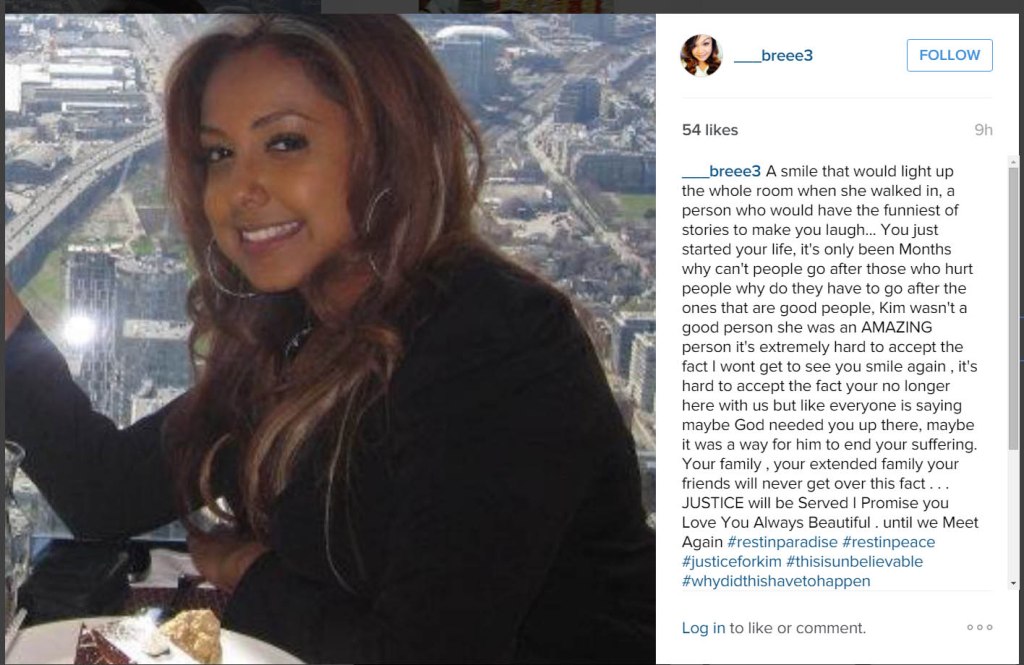 A woman with long brown hair smiling, next to an Instagram post mourning the death of Rosemarie Kim.