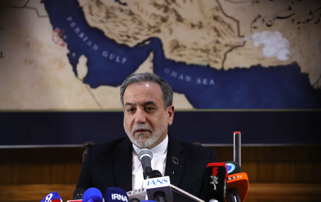 Iran's Foreign Minister Abbas Araghchi addressing a press conference in New Delhi.