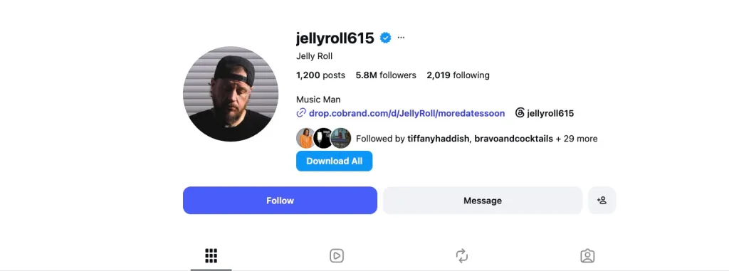 A screenshot of Jelly Roll's Instagram profile showing he removed Bunnie Xo from his bio.