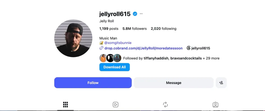 Screenshot of Jelly Roll's Instagram profile showing a locked mention of @xomgitsbunnie in his bio.