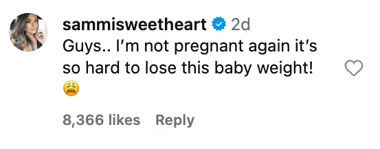 Instagram post from sammisweetheart denying pregnancy rumors and commenting on the difficulty of losing baby weight.