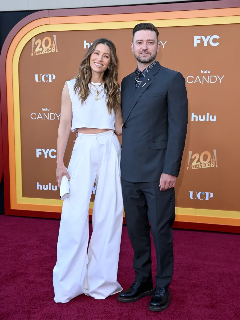 Jessica Biel and Justin Timberlake on a red carpet at the Hulu's