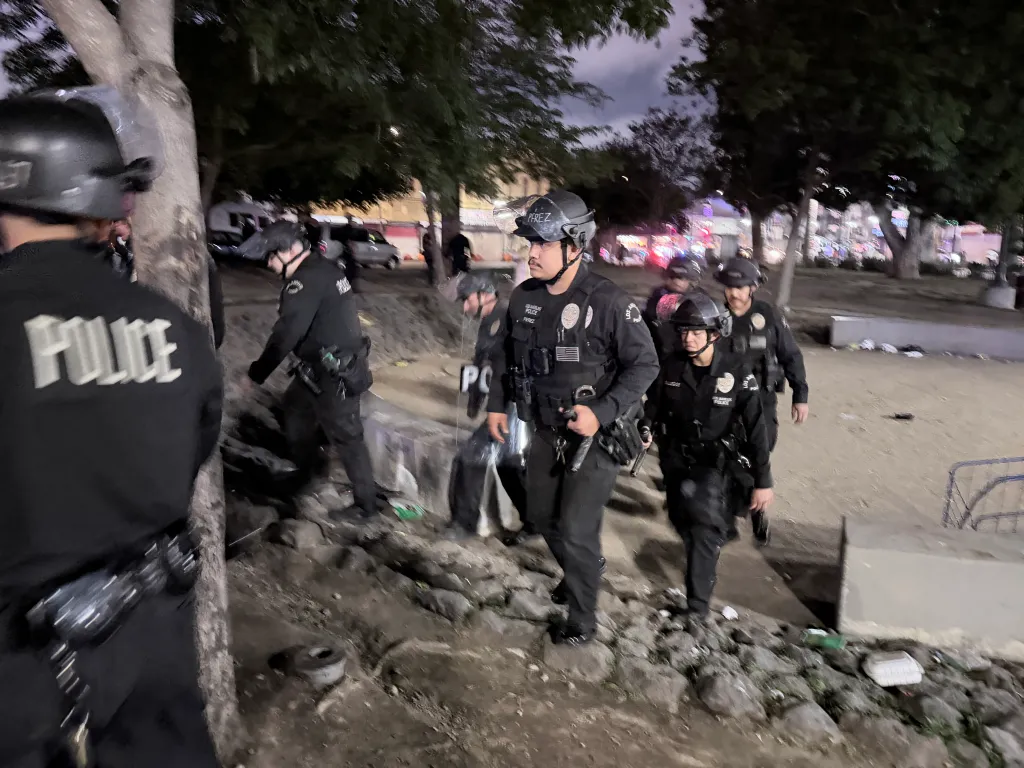 Police officers in riot gear moving through a park at night.