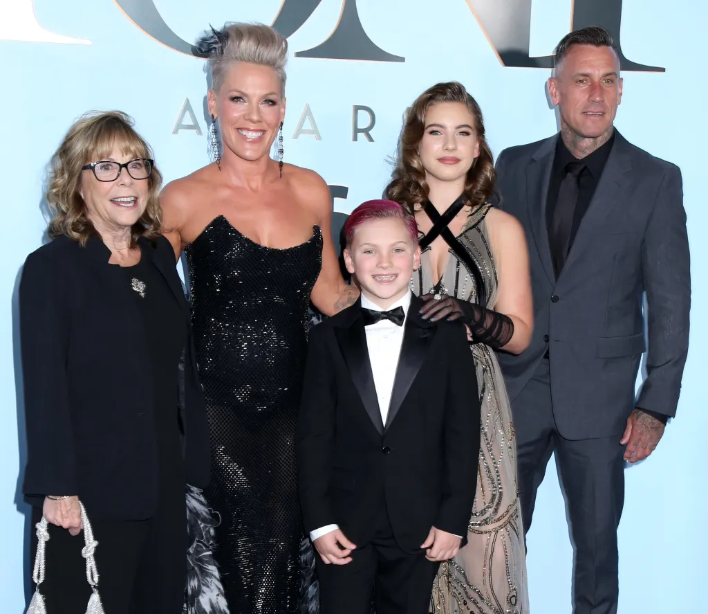 Pink poses with Judith Moore, Jameson Hart, Willow Sage Hart, and Carey Hart at the 79th Annual Tony Awards.