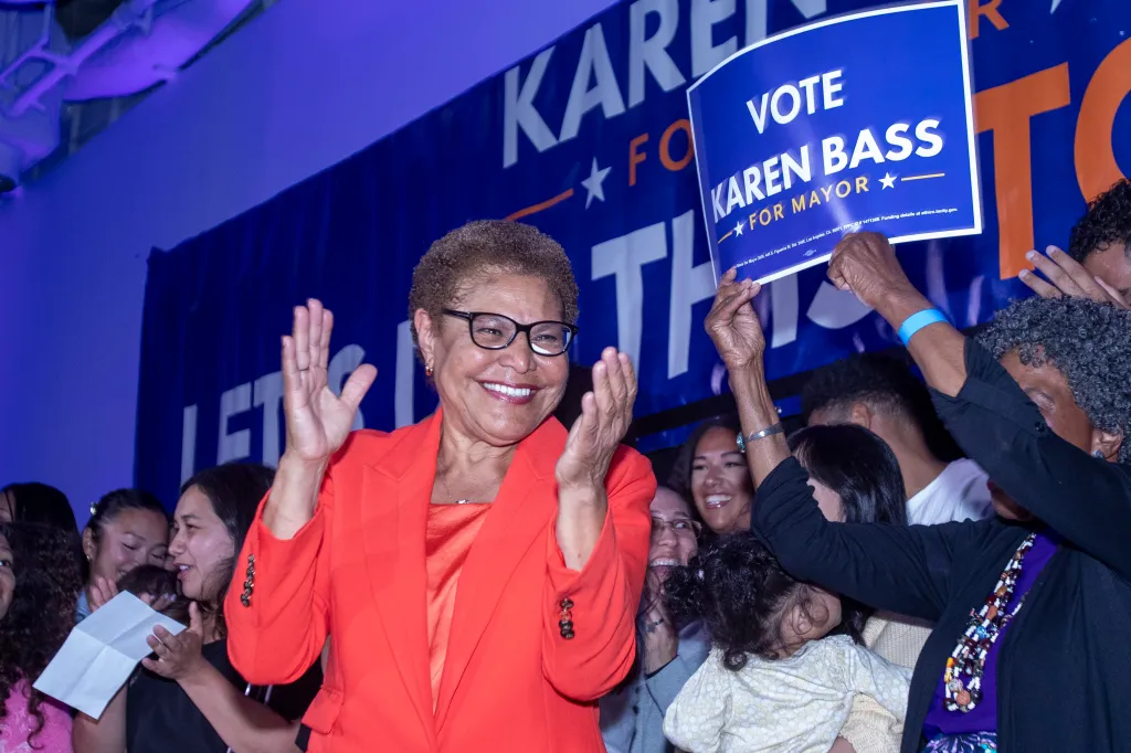 Karen Bass acknowledging supporters at an election night party.