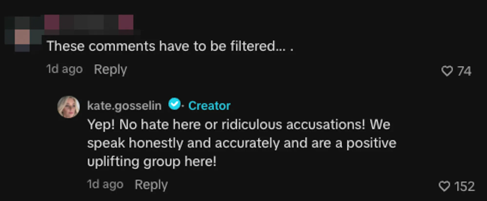 A screenshot of an online comment thread where user kate.gosselin, verified as a creator, replies to a previous comment saying, 