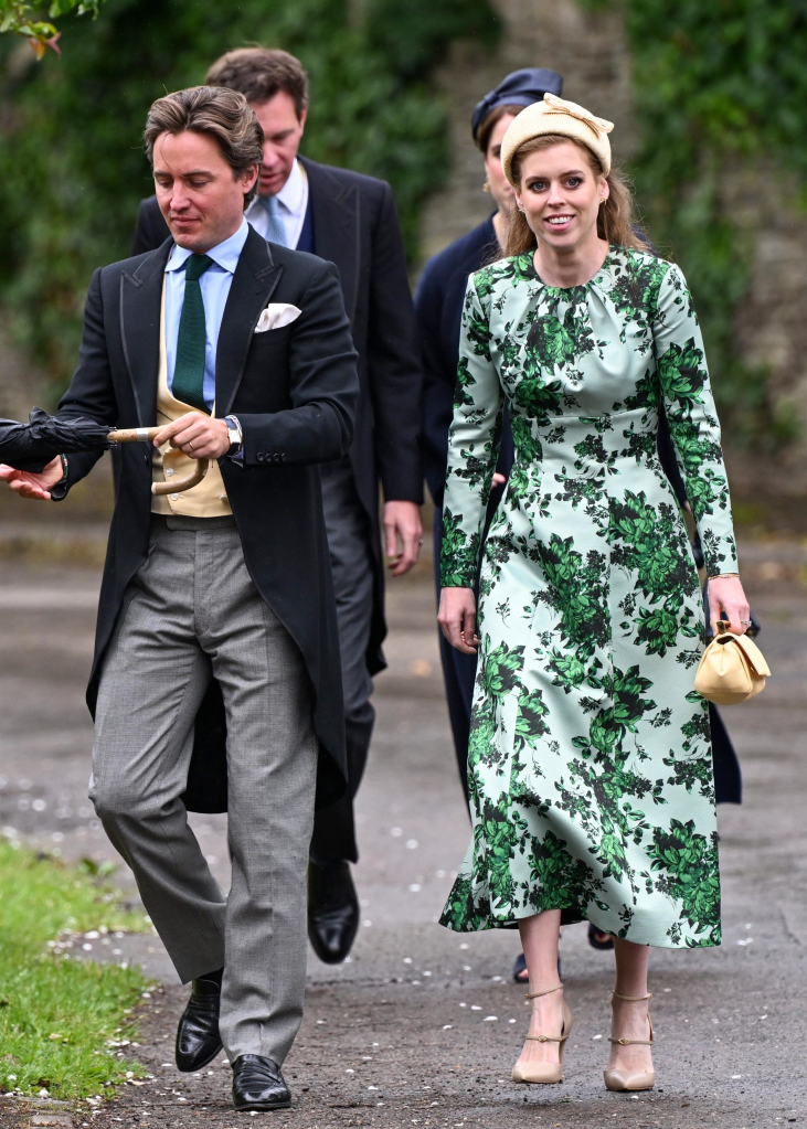 Princess Beatrice and Edoardo Mapelli Mozzi arriving at a royal wedding.