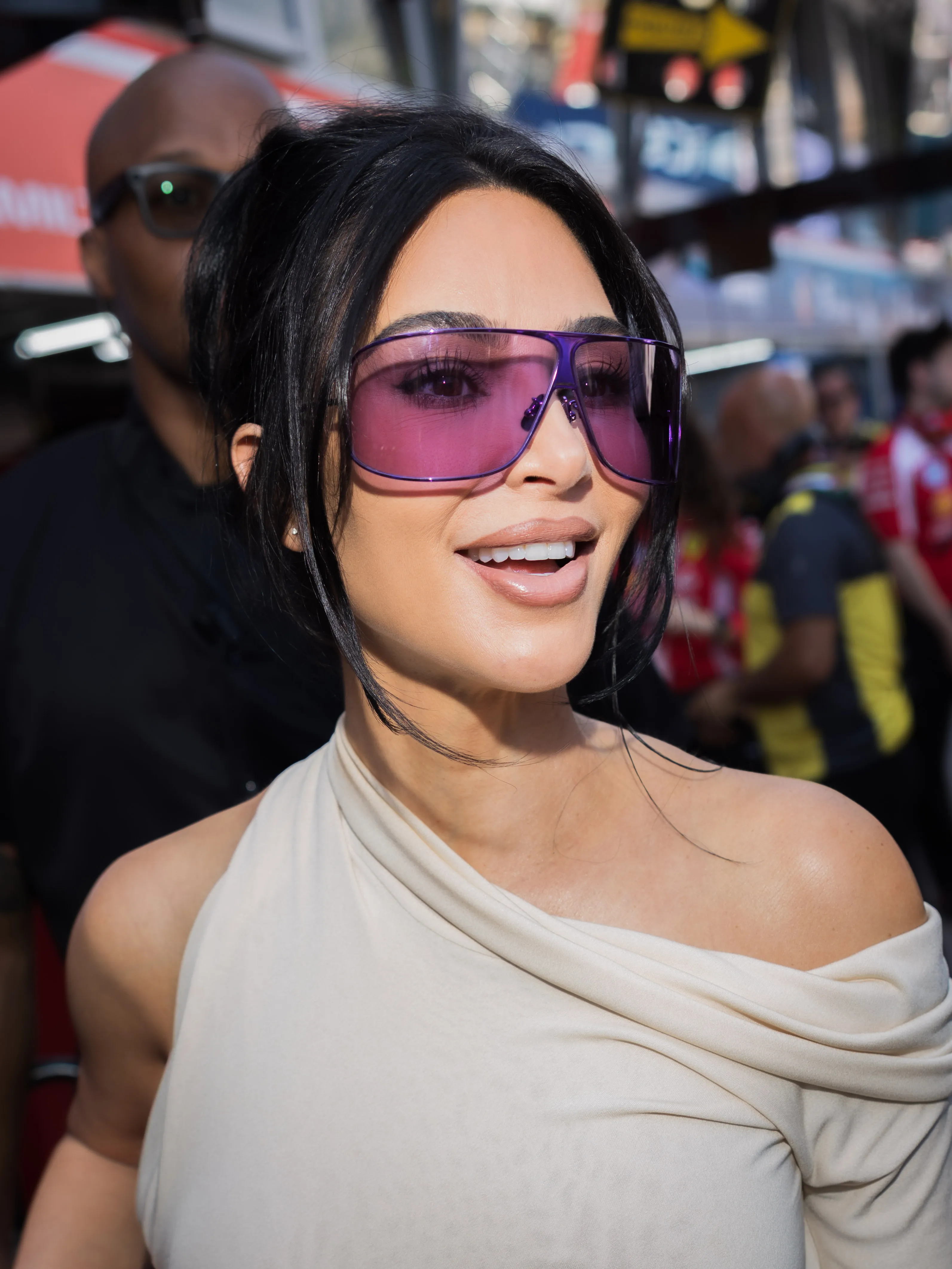 Kim Kardashian in purple sunglasses at the F1 Grand Prix of Monaco.