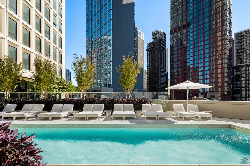 In Downtown Brooklyn, The Brook at 567 Fulton Street — the 52-story, 591-unit tower co-developed by Witkoff Group and Apollo Global Management — features a 37-by-12-foot outdoor pool.