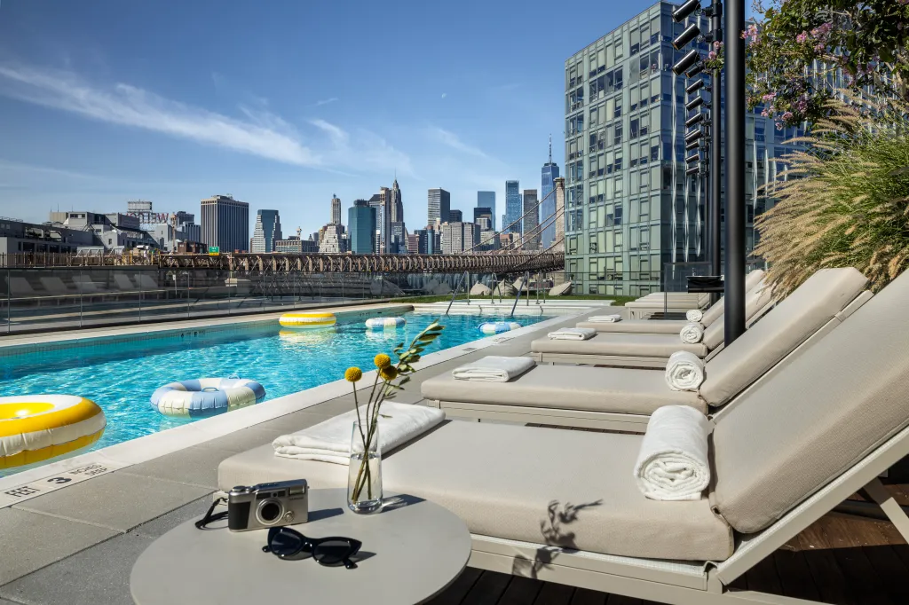 In DUMBO, the luxury condominium Olympia at 30 Front Street offers two outdoor pools, each 58 feet long