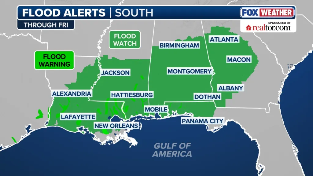 Map showing flood alerts in the Southeast US, including flood warnings in parts of Louisiana and Mississippi, and flood watches extending across Alabama and Georgia.