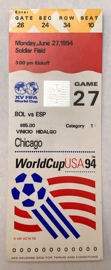 A FIFA World Cup USA 1994 ticket for Game 27 between Bolivia and Spain at Soldier Field in Chicago on June 27, 1994.