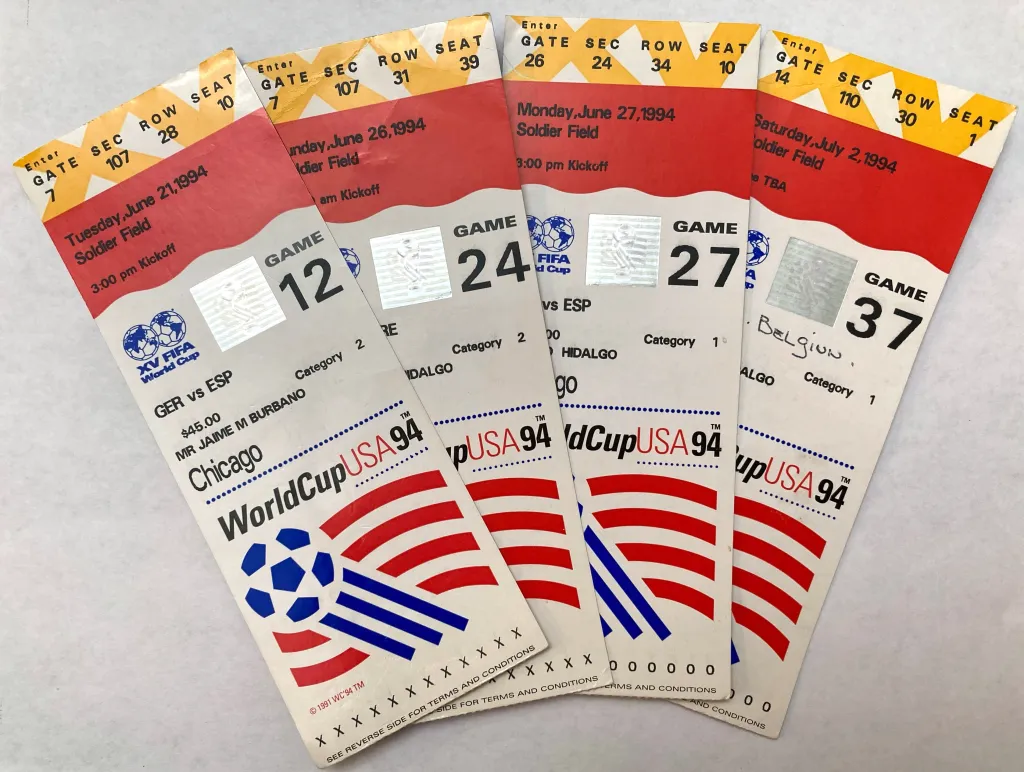 Four World Cup USA 1994 tickets to games at Soldier Field, Chicago.