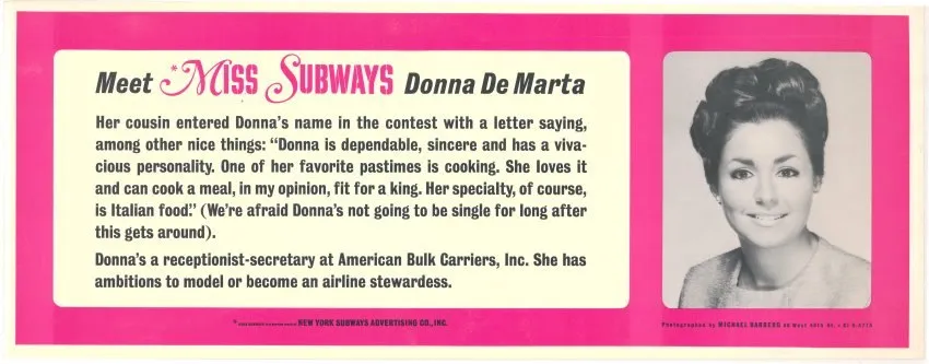 Advertisement for Miss Subways featuring Donna De Marta, a young woman with a bouffant hairstyle.