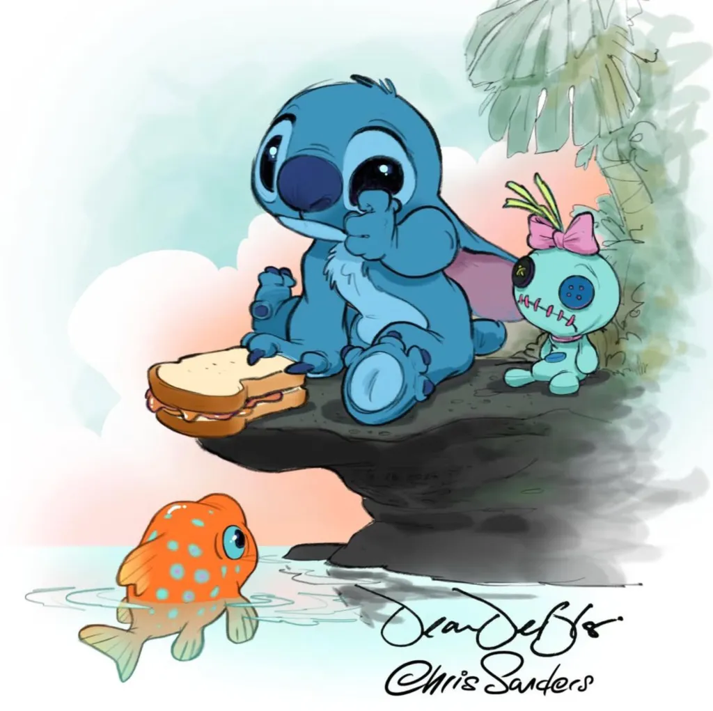 Illustration of Stitch with a sandwich and Scrump on a rock with a goldfish in the water below.