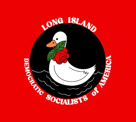 Illustration of the Long Island DSA logo, featuring a white duck with a red rose in its beak, on a black circle, with 