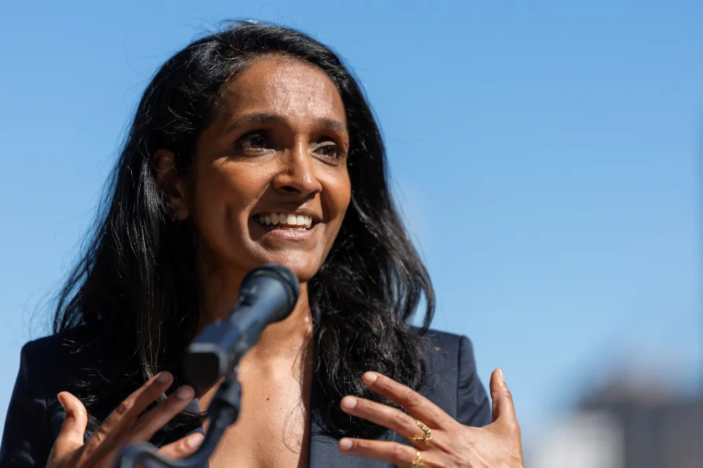 Los Angeles City Councilwoman and mayoral candidate Nithya Raman speaking at a press conference.