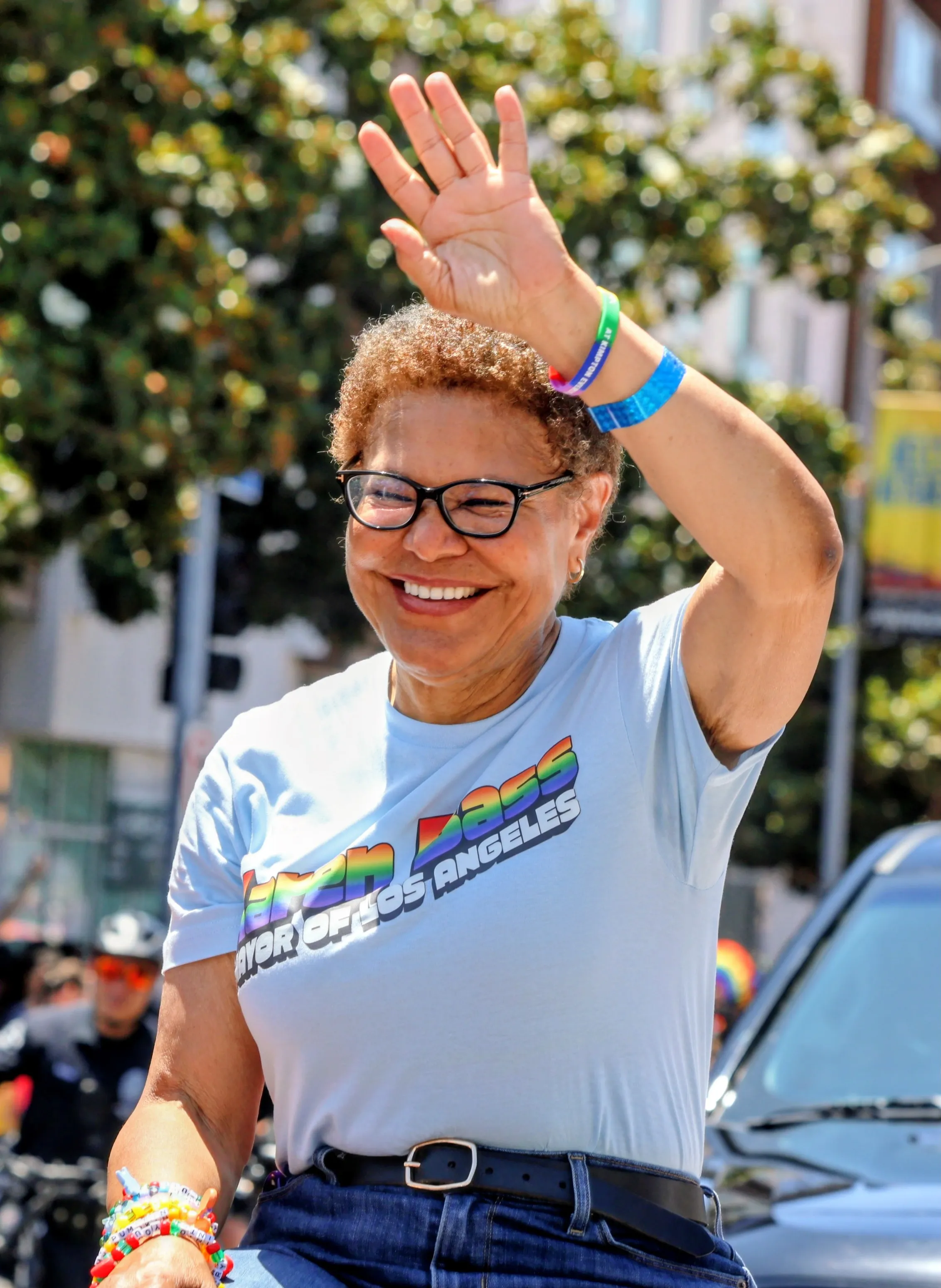 Los Angeles Mayor Karen Bass waves to the crowd at the Los Angeles Pride Parade.