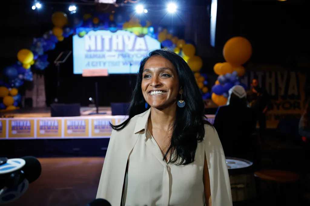 Los Angeles mayoral candidate Nithya Raman smiles during her election night party.