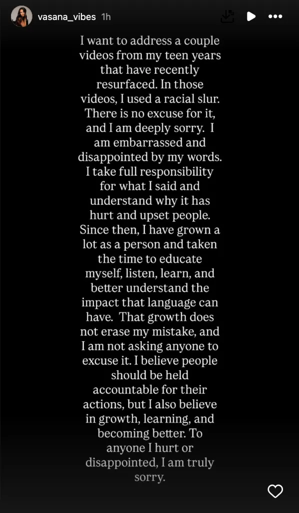 Vasana Montgomery's public apology regarding past offensive videos.