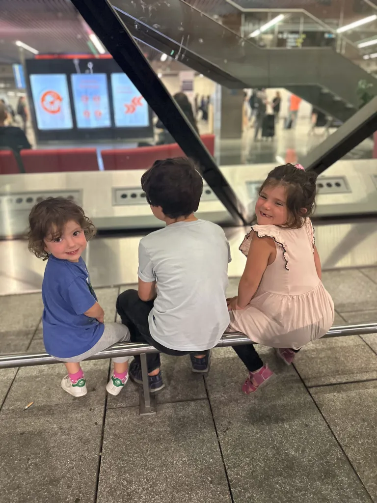 Three children sitting on a metal bar, with two of them smiling at the camera.