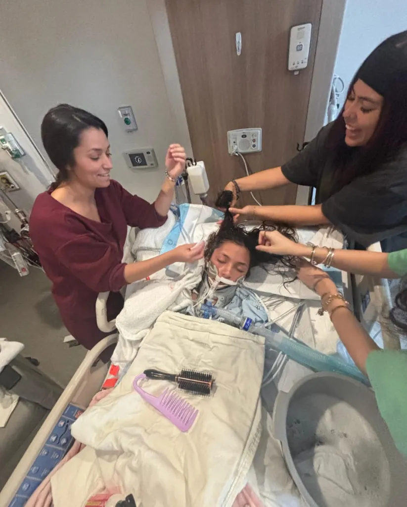 Makayla Rene Settles in the hospital after a suicide attempt, with two women helping to comb her hair.