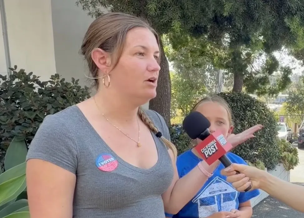 Marissa Abel, Pacific Palisades fire victim, being interviewed while wearing an 