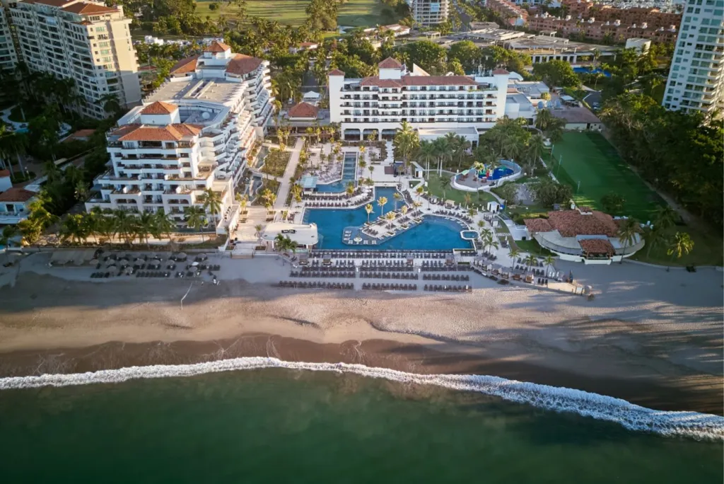 Aerial view of the Marriott Puerto Vallarta Resort and Spa next to the beach.