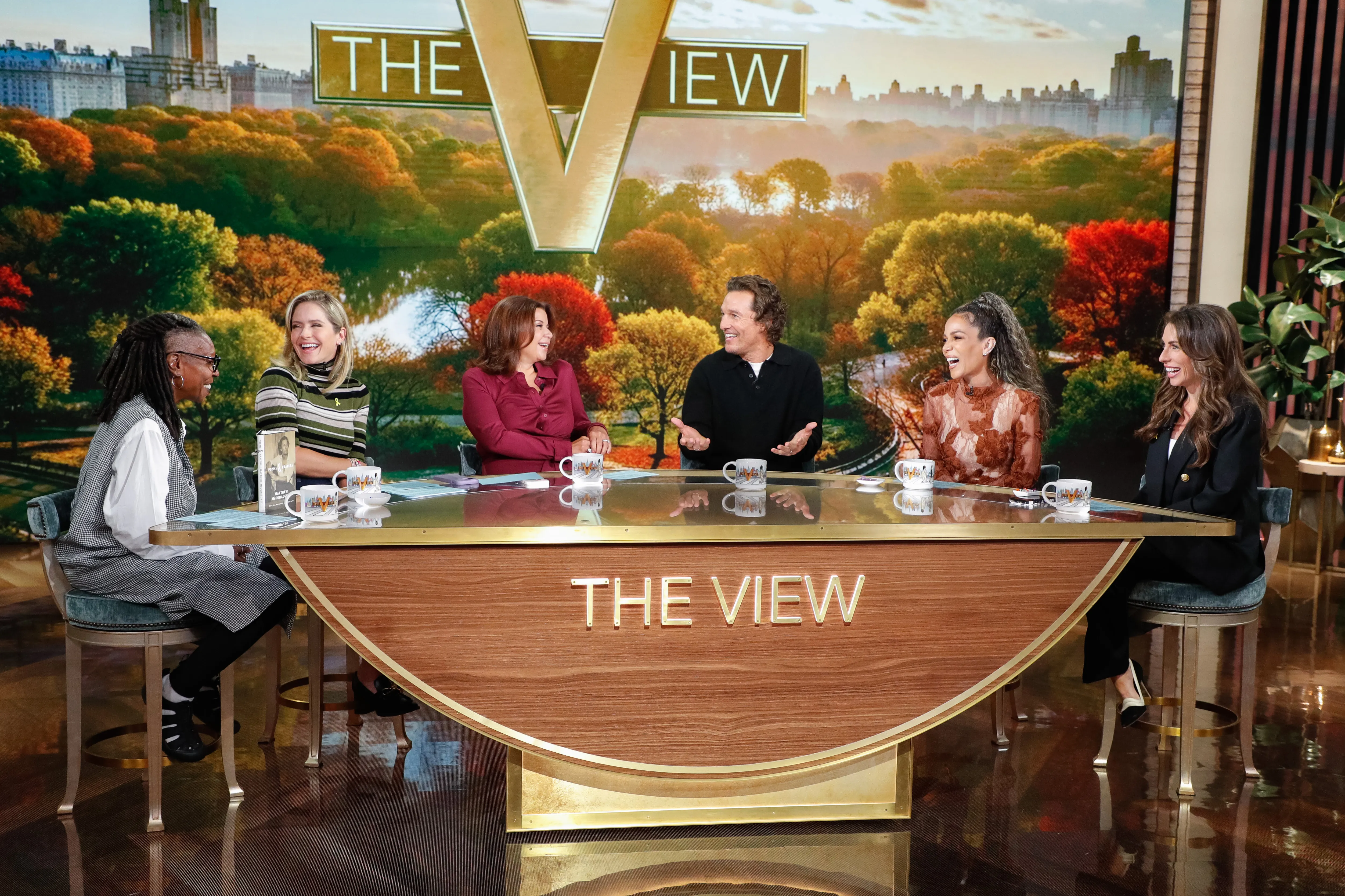Whoopi Goldberg, Sara Haines, Ana Navarro, Matthew McConaughey, Sunny Hostin, and Alyssa Farah Griffin on the set of The View.