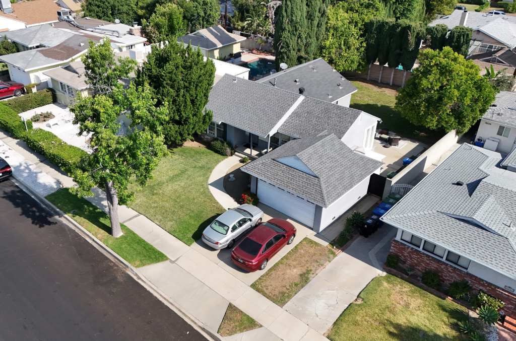 Aerial view of the Tarzana, CA, home of actor James Handy, who was allegedly killed at the front of the property.