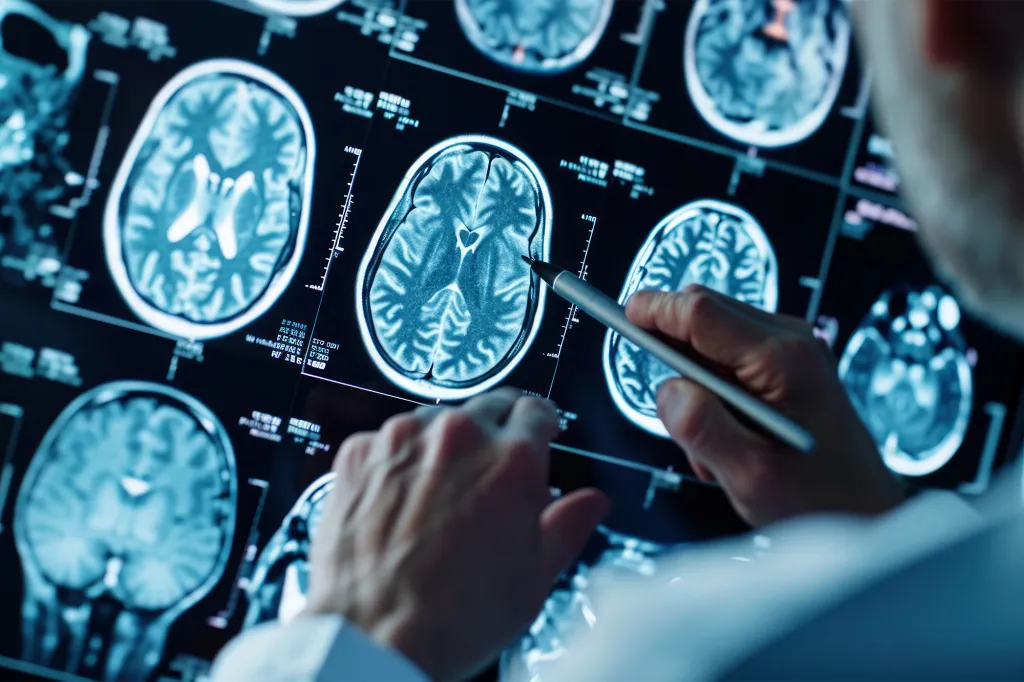 Medical professional analyzing a series of MRI brain scans displayed on a digital monitor.