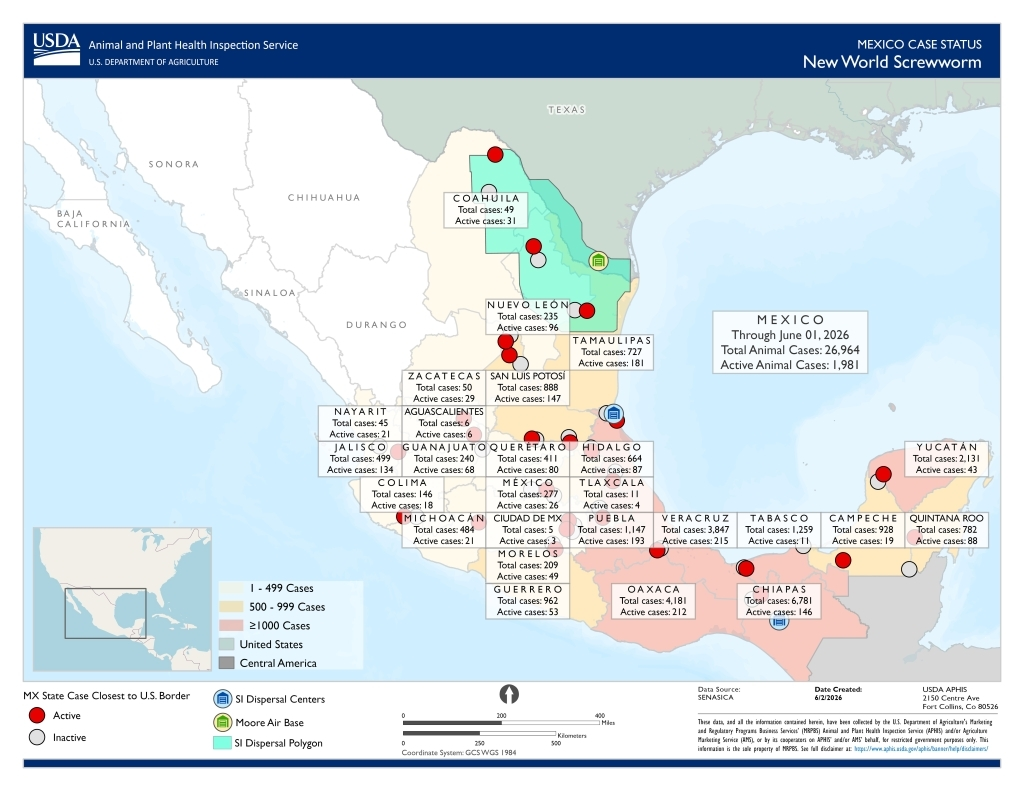 Map of Mexico showing New World Screwworm cases by state.