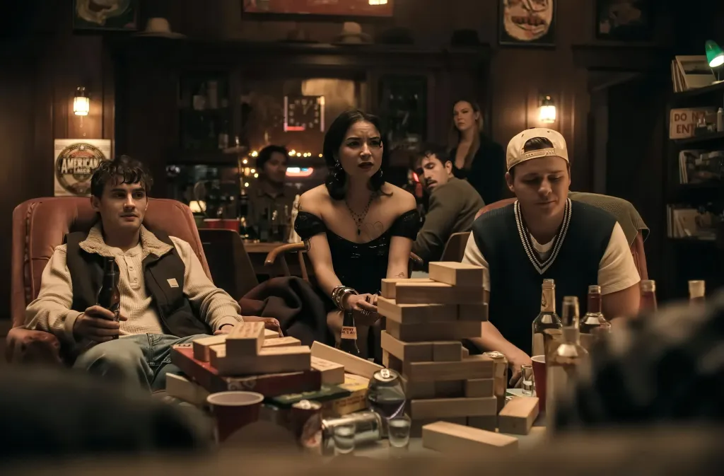 The movie Obsession with Michael Johnston, Megan Lawless, and Cooper Tomlinson with others in a dark room.