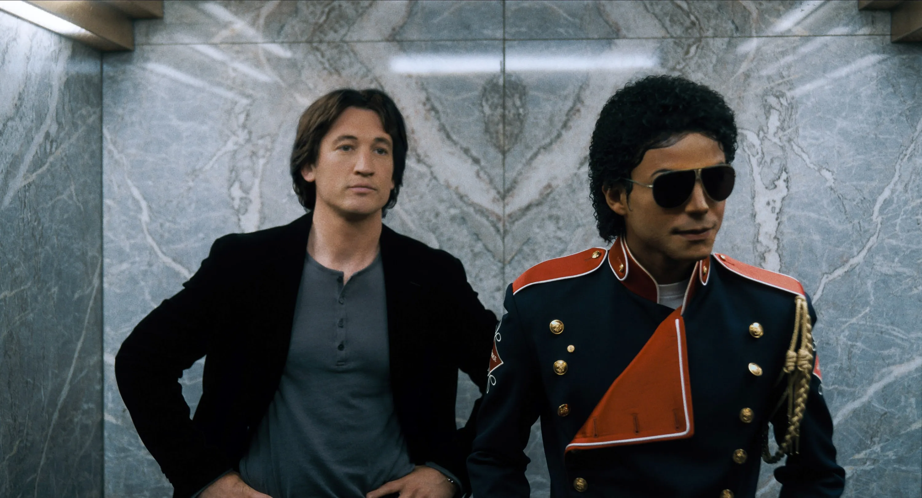 Miles Teller (l) plays Jackson's attorney John Branca, while Jaafar Jackson makes his film debut portraying his uncle.