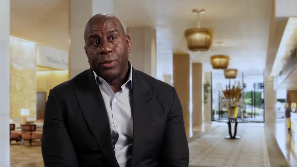 Magic Johnson in a hotel lobby.