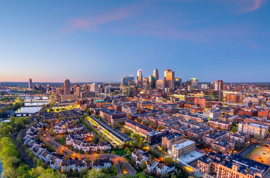 Minneapolis, Minnesota, USA downtown city skyline at dusk.