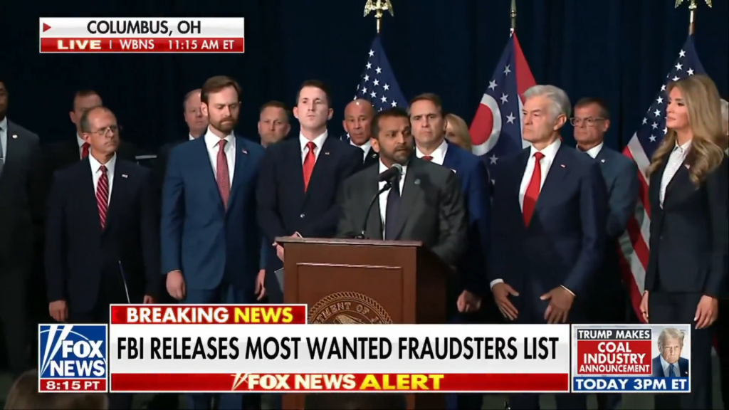 Vice President JD Vance listens as FBI Director Kash Patel announces the agency's 