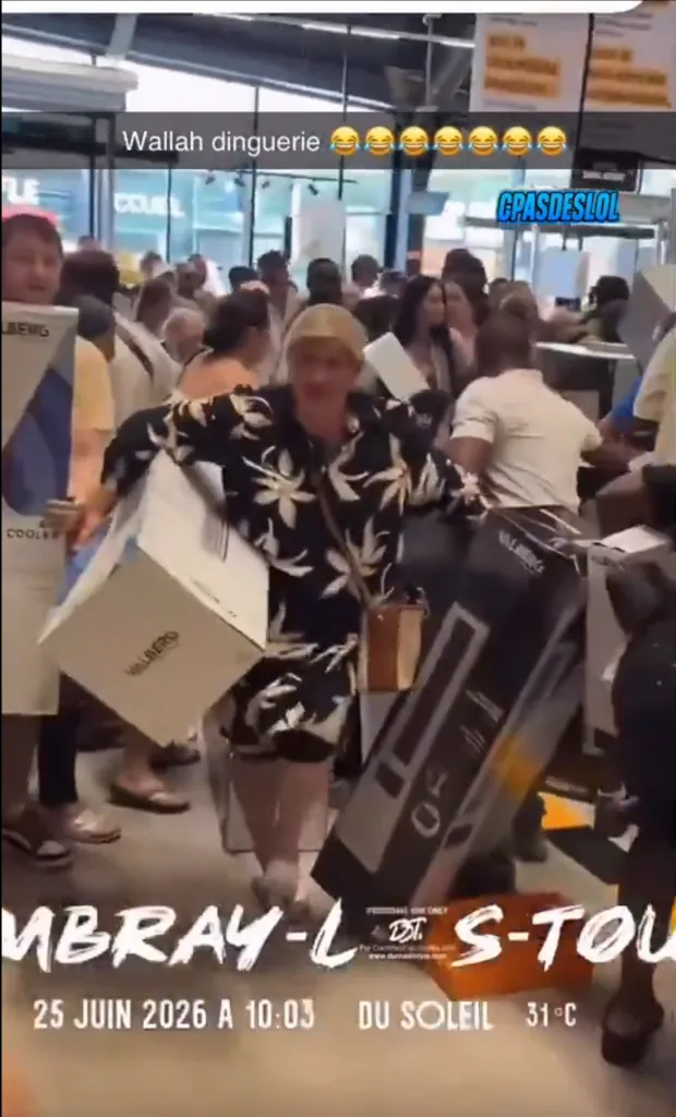 Shoppers scrambling to grab air conditioning units in a store during a heatwave.