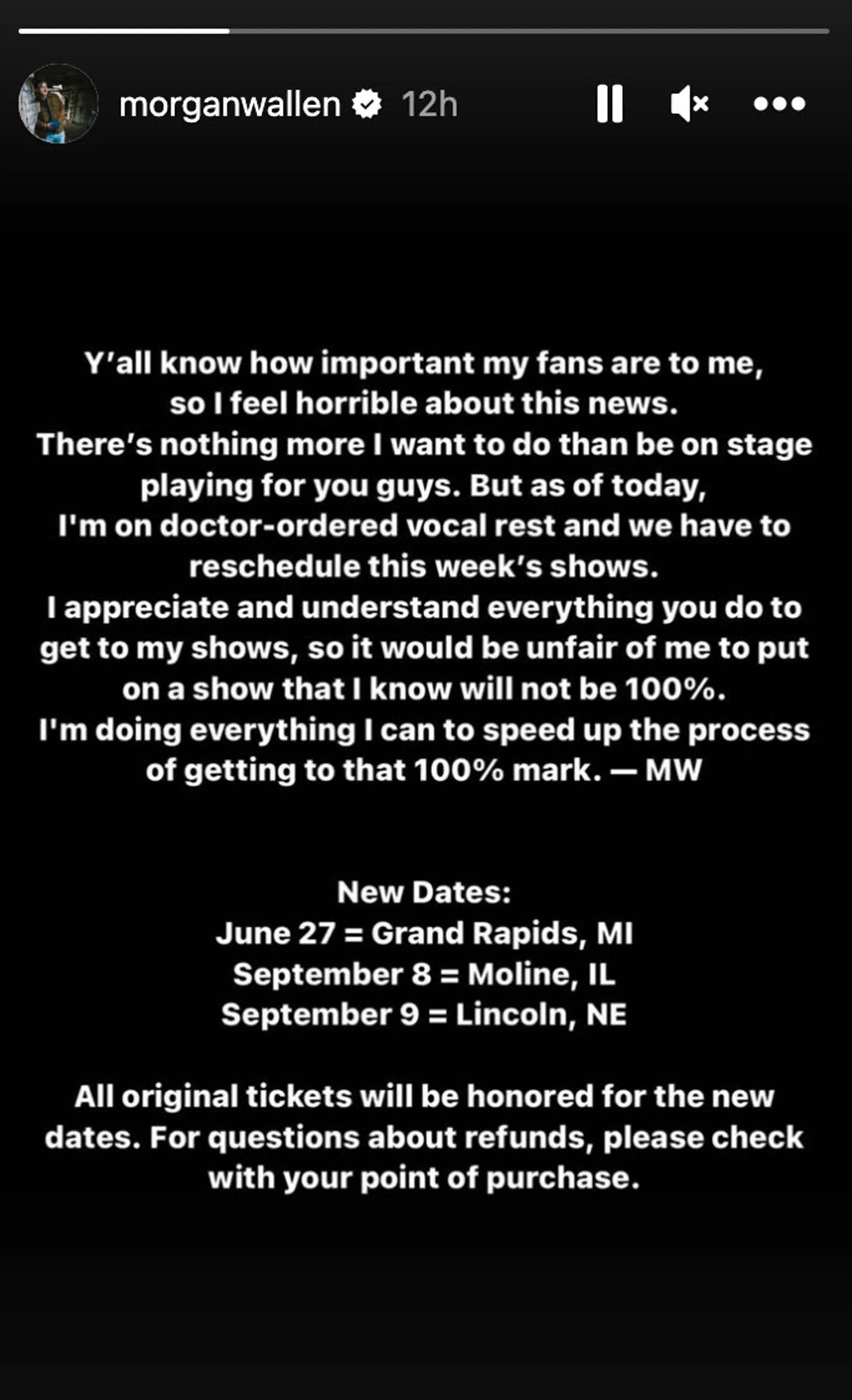Morgan Wallen's announcement about postponing shows due to doctor-ordered vocal rest, with new dates for Grand Rapids, Moline, and Lincoln.
