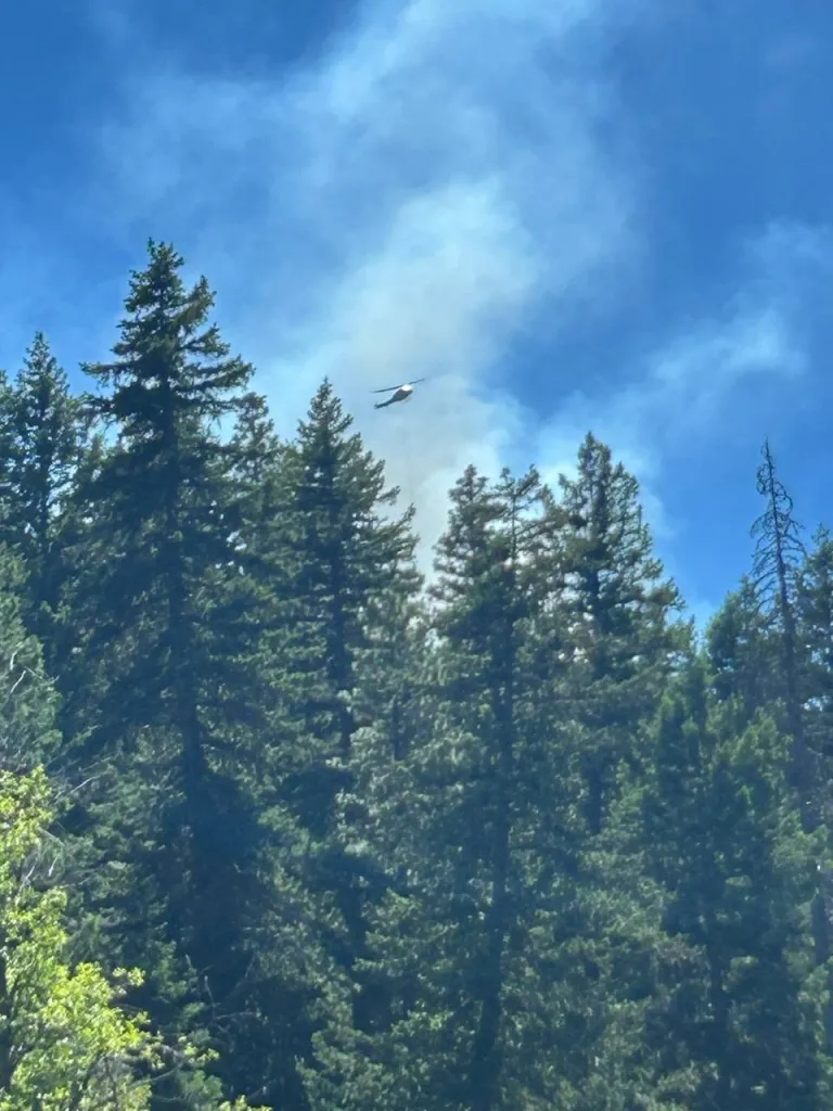 A helicopter flies over a forest fire.