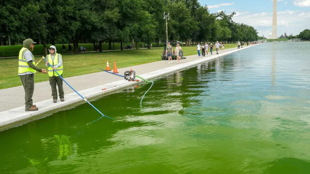 Laughter as workers put peroxide in algae-filled Reflecting Pool’: ‘0 scientists in admin’