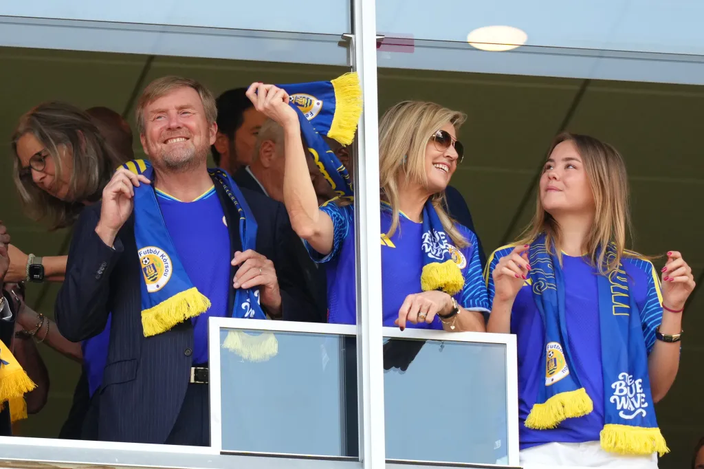 Netherlands King Willem-Alexander, Queen Máxima, and Princess Ariane watching a soccer match.