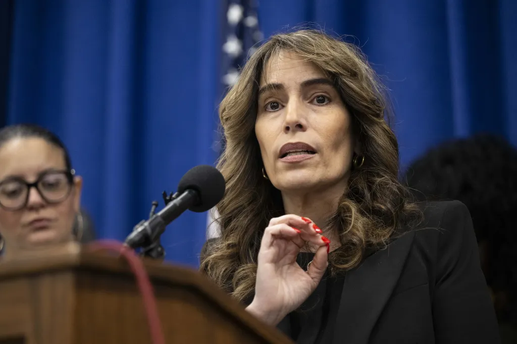New Jersey Senate Majority leader Senator M.Teresa Ruiz speaks during a press conference held by Newark Mayor Ras J. Baraka to address ICE raid on a Newark business establishment in Newark, New Jersey, United States, on January 24, 2025.