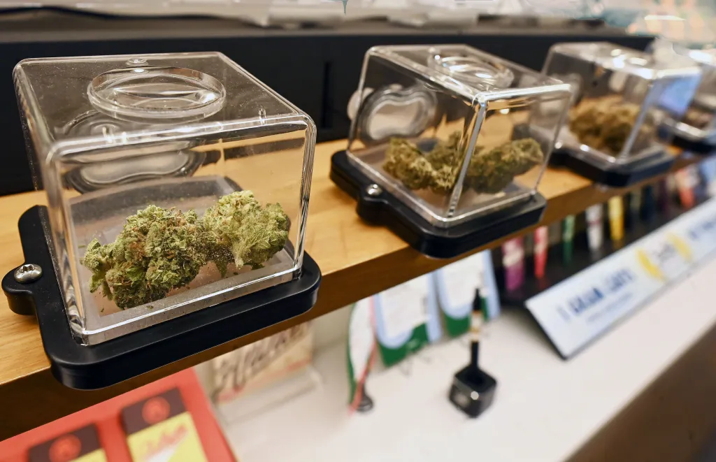 Cannabis flowers displayed in clear, sealed containers at a licensed shop.