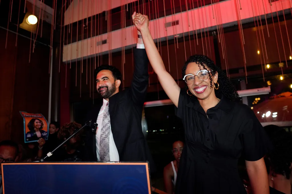 NYC Mayor Zohran Mamdani celebrates with DSA member Darializa Avila Chevalier during an election watch party on June 23, 2026.