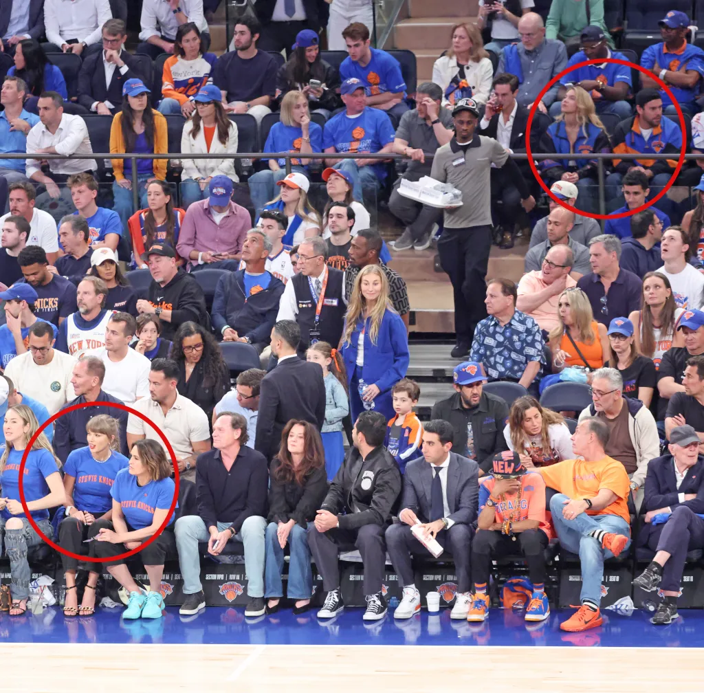 Collage of two images, Taylor Swift and Sydney Sweeney attending Game 4 of the 2026 NBA Finals.