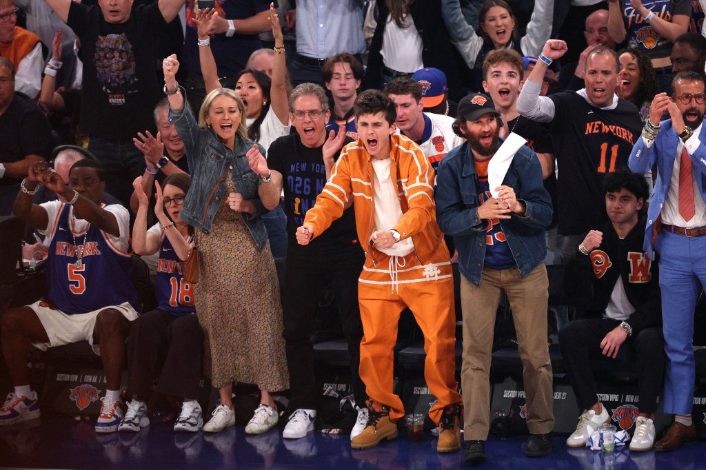 (From Left) Christine Taylor, Ben Stiller, Timothee Chalamet and more at Game 3 of the NBA Finals.