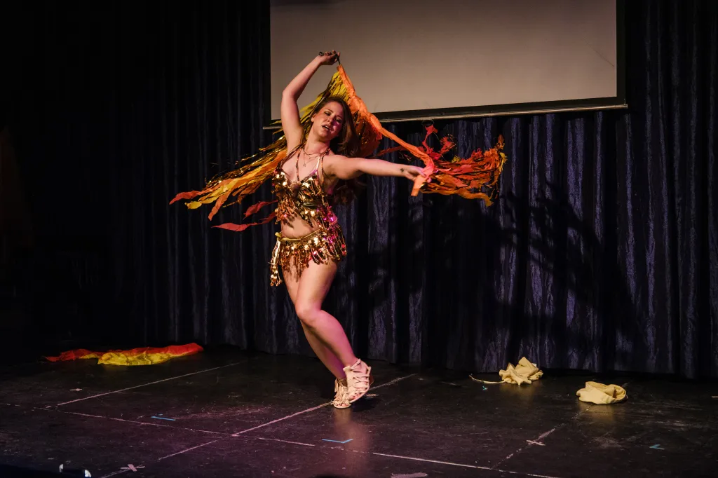 Contestant Kaley Morrison dressed as the R Train performing at the Miss Subways Pageant.