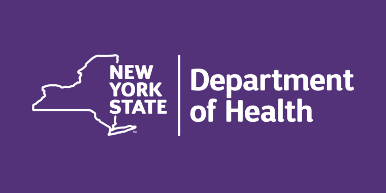 Logo for the New York State Department of Health, with the outline of New York State on the left.